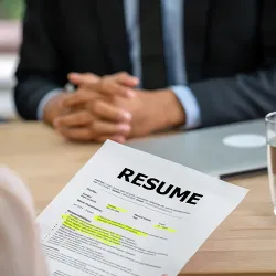 A manager reading a resume in front of the prospective new hire
