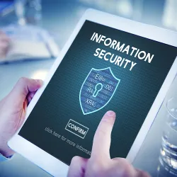An ipad tablet with the words Information Security on the screen